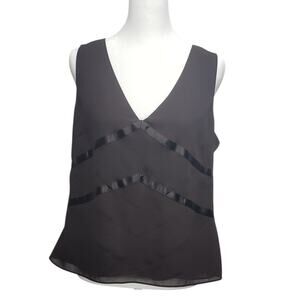 Brown Sleeveless V‑Neck Blouse M Lined Chiffon‑Like Satin Detail Office Chic